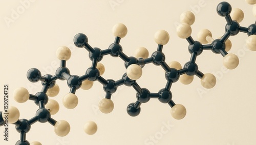 A 3D rendering of a cortisol molecule depicted with soft graphite and pale beige spheres in a minimalistic space, enhanced by subtle rim lighting.