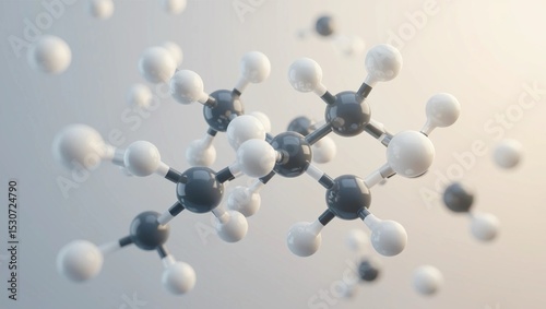 A realistic depiction of a glucose molecule featuring bone-white and cool grey spheres, with visible OH groups and a soft ambient tone in a transparent space.