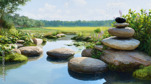 Serenity in nature: A tranquil pond surrounded by smooth stones and lush greenery at dawn
