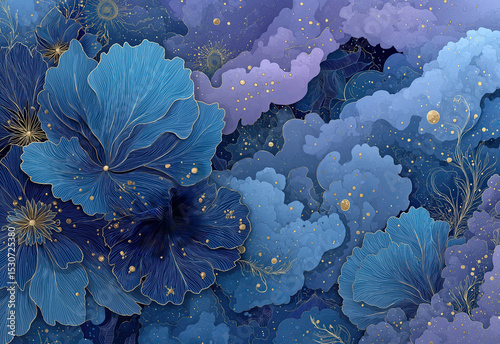 Mystical background in blue and purple with clouds with shimmering highlights.