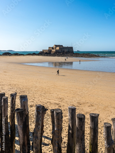 17th-century Vauban Fort National framed by beach breakwaters in Saint-Malo