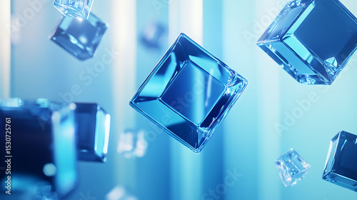 A 3D composition of floating blue cubes with reflective glass surfaces, placed in front of a soft, gradient blue backdrop, with geometric elements adding depth and complexity to the scene,