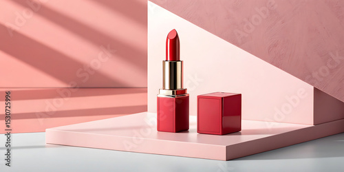 Red lipstick mockup, cosmetic package design in 3d illustration