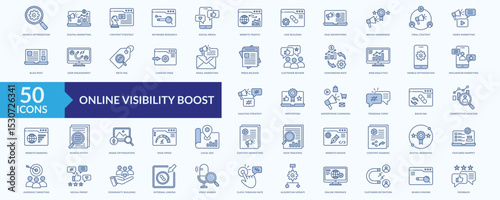 Online visibility boost icon collection set with search optimization, digital marketing, keyword research,web analytics, influencer marketing