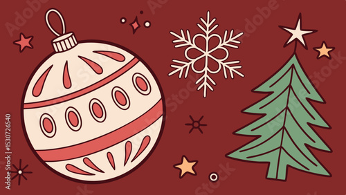 25 December Christmas ball icon. Easter balls Vector. Set holiday symbols isolated on dark red  background in flat design. Cartoon color illustration.
