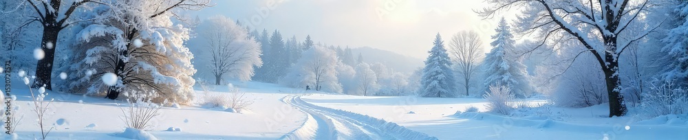 Fototapeta premium A frosty winter landscape scene Snow covers the ground, trees are laden with snow, and the air is crisp and cold Perfect for winter holiday or seasonal themes , tranquility, february