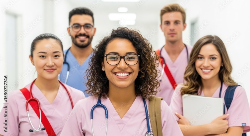 Fototapeta premium A group of smiling medical students in scrubs standing in a brightly lit hospital hallway together