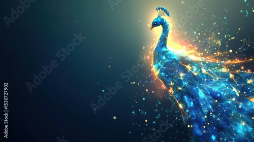 Abstract digital art of a peacock, vibrant blue, with glowing particles.