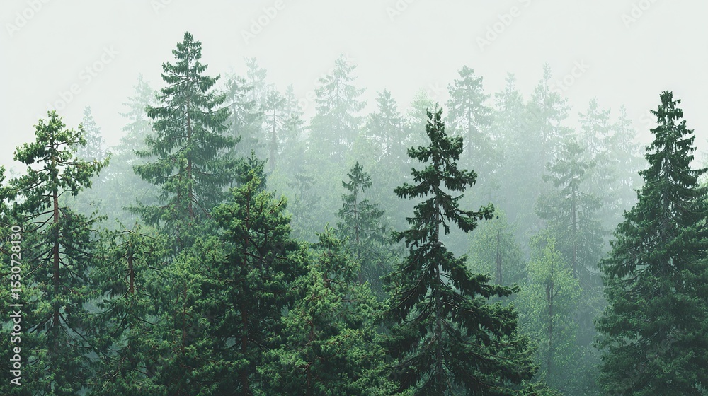 Fototapeta premium The dense pine forest is shrouded in mist and the greenery stands out against a soft white background, perfect for expressing tranquility or mystery, perfect as a backdrop for a nature theme.