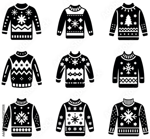 Ugly Christmas Sweater Glyphs - Black & White Winter Holiday Jumper Icon Set