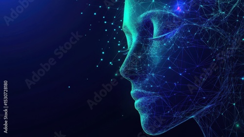 Serene digital portrait of a woman, constructed from glowing network lines and particles.