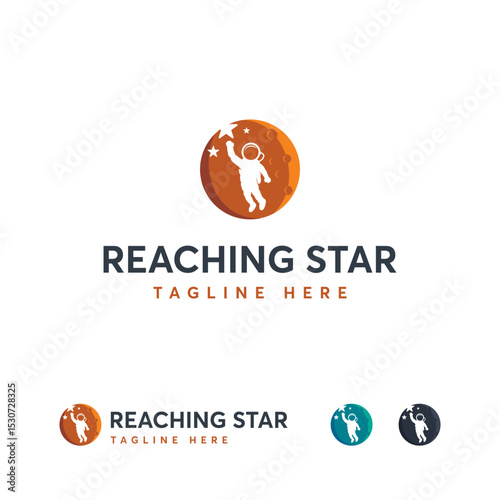 A stylized  design featuring an astronaut reaching for a star.