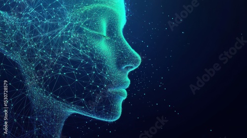 Digital representation of a human head with interconnected nodes and lines, glowing in shades of blue and green.