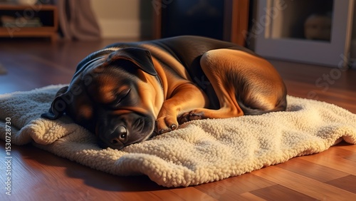 Anjing tidur di lantai kayu tua kain anjing coklat  photo