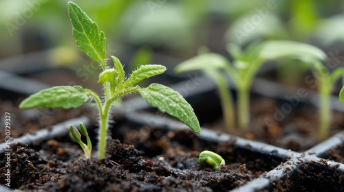 Young tomato seedlings growing in small plastic containers filled with dark soil.
