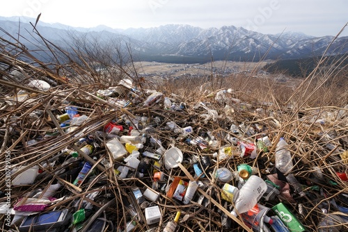 A huge pile of garbage pollutes the environment with scenic mountain views in the background.