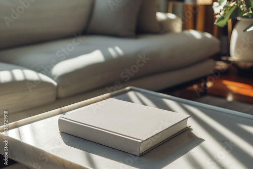 Blank hardcover book on marble coffee table in modern living room. Natural light and soft shadows. Minimal home interior concept. 