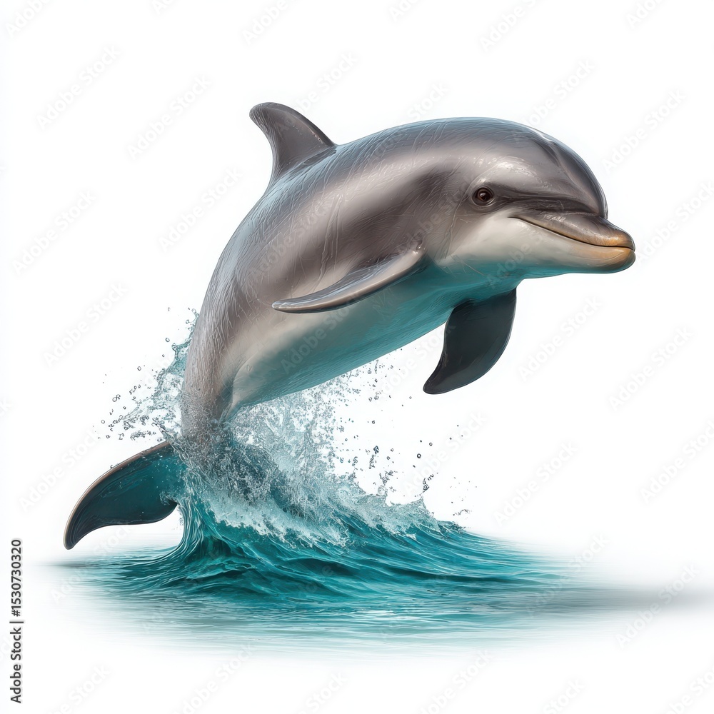 Fototapeta premium Dolphin leaping from ocean wave isolated on white background