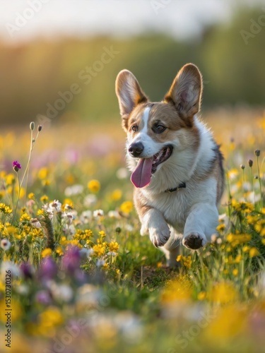 A charming corgi dog runs through a beautiful field of wildflowers, full of joy.