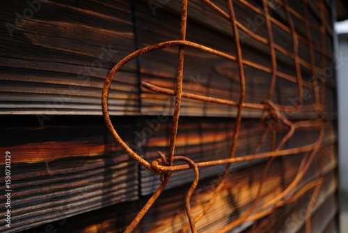 Close up of rusted metal grid against a weathered wooden surface with natural tones.