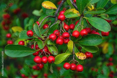 Close up of red berries on a branch with green leaves, perfect for any nature theme.