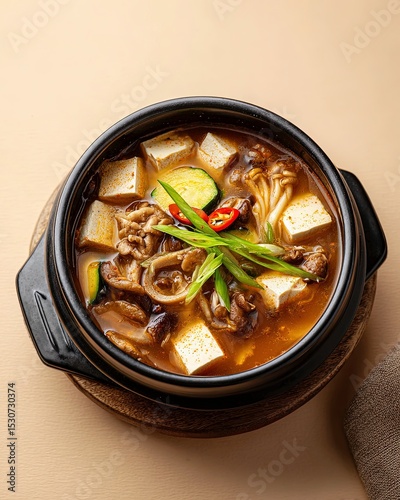 Korean Doenjang-jjigae – Traditional Soybean Paste Stew with Tofu, Vegetables and Mushrooms