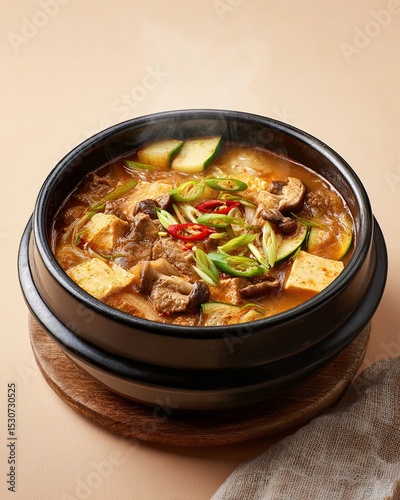 Korean Doenjang-jjigae – Traditional Soybean Paste Stew with Tofu, Vegetables and Mushrooms