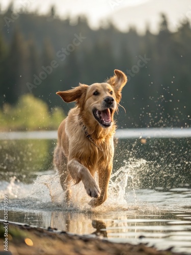 A golden retriever enjoys a refreshing run and splash in the lake's cool water.