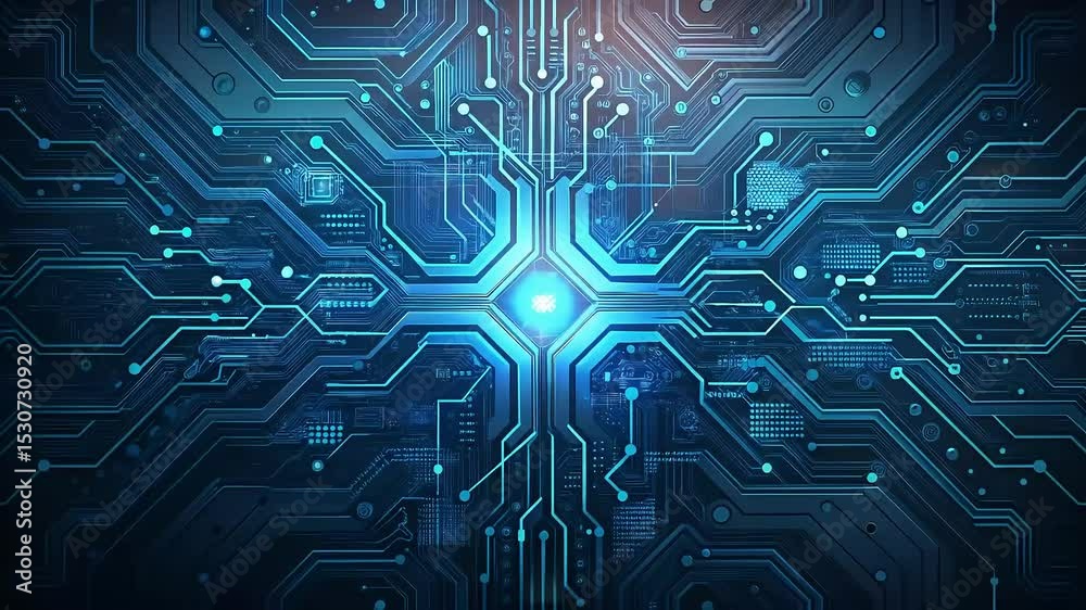 Blue circuit board with intricate digital patterns for computer technology and electronic design