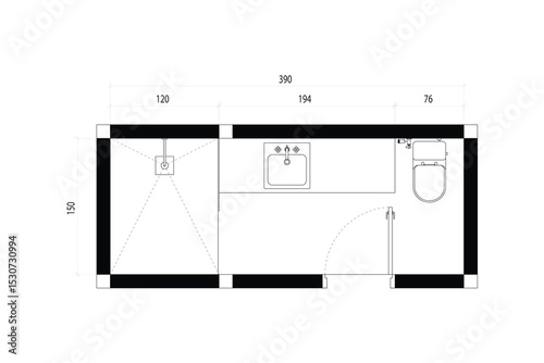2 dimension floor plan design of small bathroom, vector lines black isolated on white background. Set 22