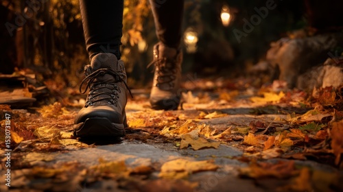 Female hiker walking on a faux trail with autumn leaves scattered beneath, only legs visible, in a warmly lit indoor scene simulating a forest walk