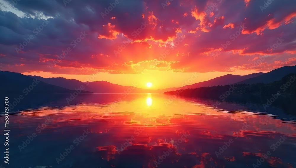 Fototapeta premium Golden hour sunrise reflected in calm water, vibrant colors painting the sky and surface Peaceful, tranquil scene perfect for nature, travel, and serenity themes , sun, water, inspiring