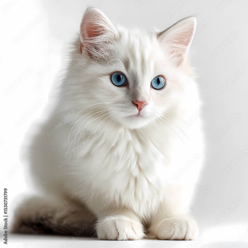 Obraz premium Ragdoll Kitten Blue Eyes White Fur Pet Photography Cute Cat on white background