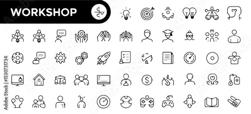 Set of thin line icons related to workshops and training sessions, including symbols of teamwork, brainstorming, presentations, planning, and skill development on a white background.