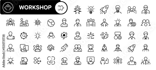 Set of thin line icons related to workshops and training sessions, including symbols of teamwork, brainstorming, presentations, planning, and skill development on a white background.