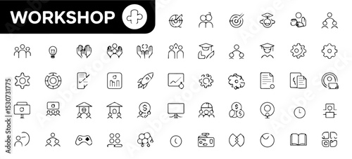 Set of thin line icons related to workshops and training sessions, including symbols of teamwork, brainstorming, presentations, planning, and skill development on a white background.
