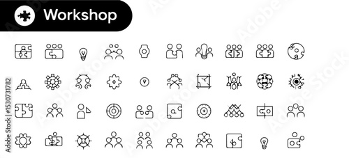 Set of thin line icons related to workshops and training sessions, including symbols of teamwork, brainstorming, presentations, planning, and skill development on a white background.