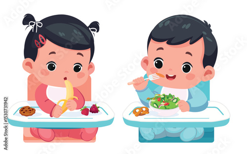 Baby Girl and Boy Eating Fruits, Vegetables, and Cookies – Cartoon Vector Illustration