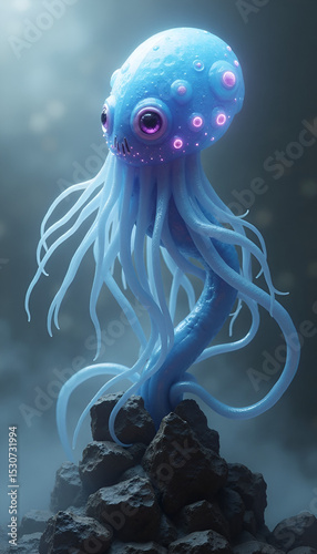 Bioluminescent Jellyfish Creature with Glowing Patterns on Rocky Surface