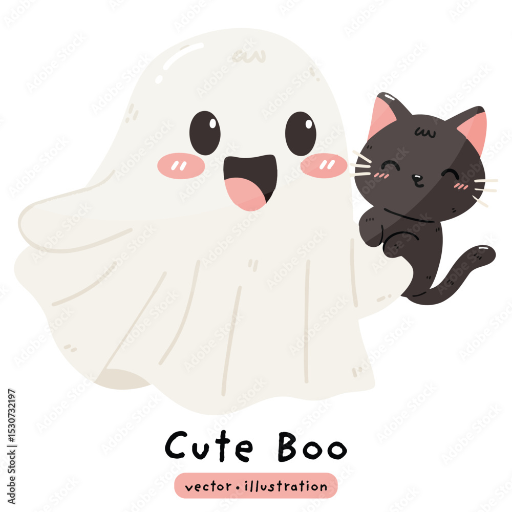 Obraz premium cute ghost with cute black cat vector illustration