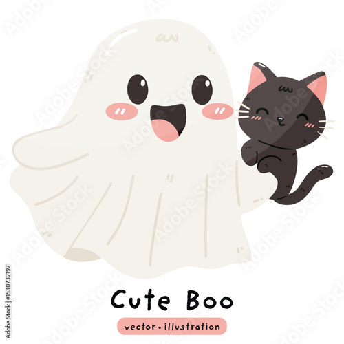 cute ghost with cute black cat vector illustration