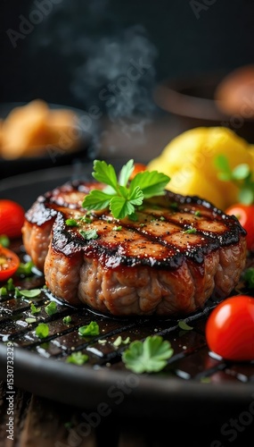 Juicy, perfectly seared steak sizzling on a hot grill, surrounded by vibrant vegetables and aromatic herbs Ready to be served with a side of potatoes , side dish, meal, spices
