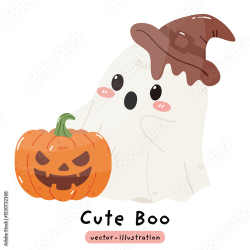 cute ghost with Halloween pumpkin and chocolate witch hat vector illustration