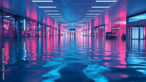 Flooded Futuristic Mall with Neon Lights and Reflections