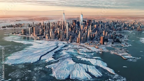 Frozen Cityscape of Manhattan During a Harsh Winter