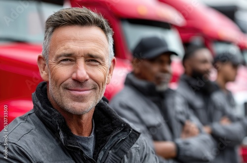 Happy truck driver standing in front of his team with trucks in the background, wearing a red jacket and grey shirt.