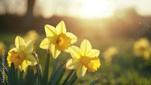 Bright yellow daffodils in lush spring field
