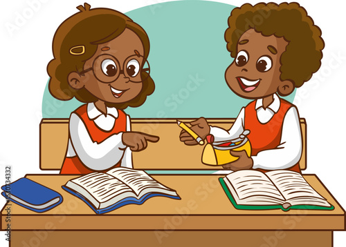 Two children classmates sitting at desk in classroom and chatting, Various students sitting at desk with school supplies and backpacks, children sharing their belongings