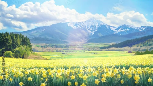 Bright yellow daffodils in lush spring field
