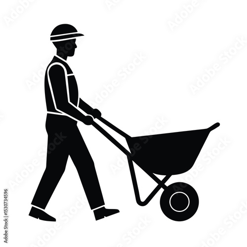 Builder pushing wheelbarrow vector silhouette